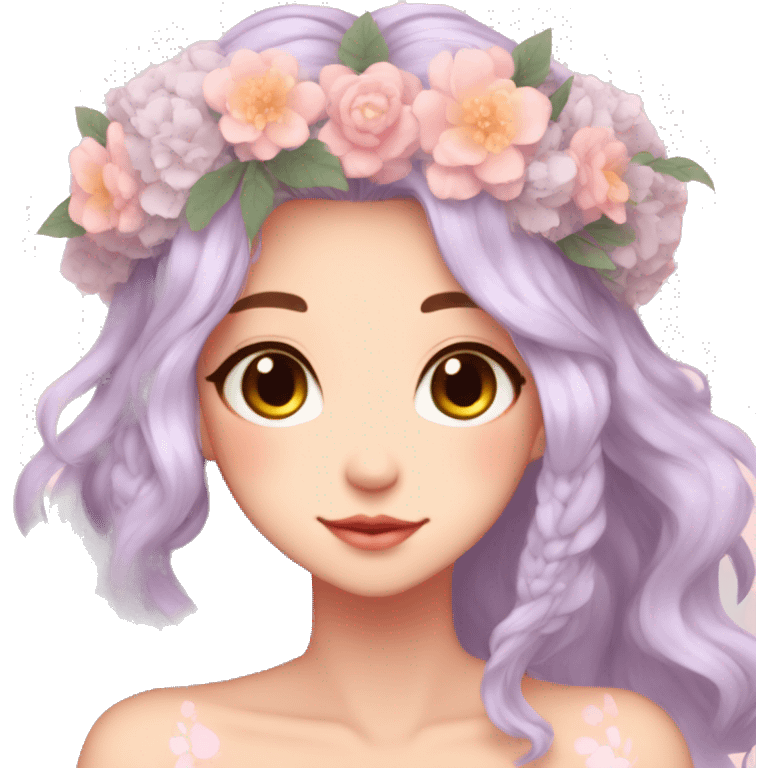 Gorgeous Pastel Anime Lady with blushing face and pretty hair with a flower crown aesthetic trending style emoji