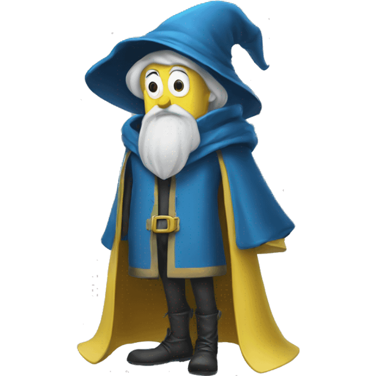 Wizard with blue jacket and face spongebob emoji