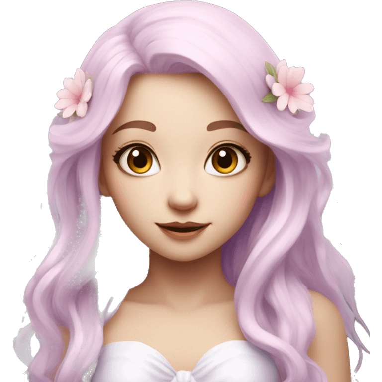 Beautiful, flower fairy, white long, light pink hair, big wings, white skin, light violet eyes  emoji