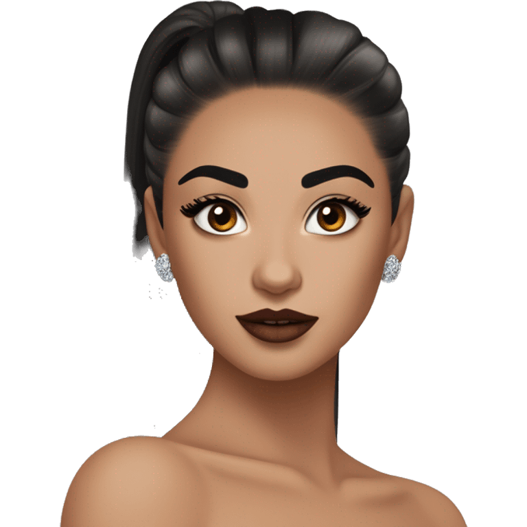 Alexa Demie euphoria show: warm brown eyes, bold black sharp eyeliner, sparkly rhinestones on eyes, dark arched brows, full nude-berry lips, light skin, high cheekbones, sleek dark brown long straight hair in ponytail.

 emoji