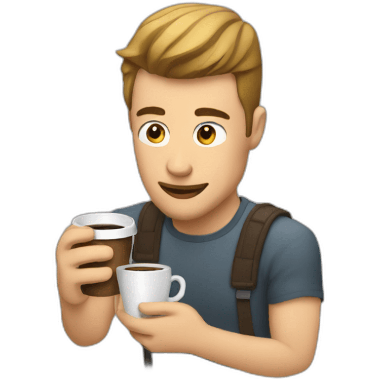 A man looking at his mobile and drinking coffee emoji