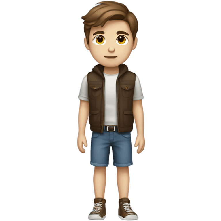 do a teenage boy with brown hair light eyes and a cute outfit, full body legs arms  emoji