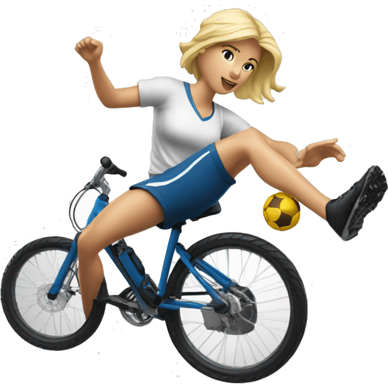 Attractive blond woman atempting football bicycle kick mid air fullbody large torso emoji