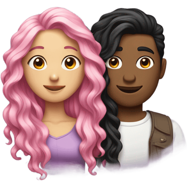 make a guy and a girl, they are hugging, the girl has pink long wavy hair. The guy has black hair and light skin. They are facing each other emoji