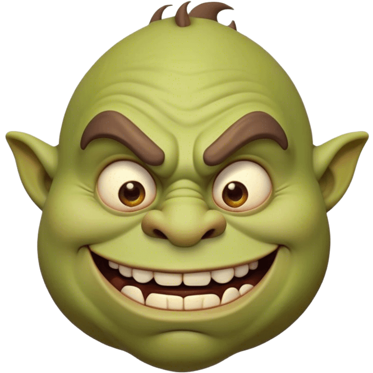 Cinematic Comical Ogre Portrait Emoji, with a strikingly exaggerated, bulky figure in vivid earthy greens and browns, head tilted in a dramatically surprised expression with wide, comically bulging eyes and a goofy, oversized grin, simplified yet hilariously exaggerated, highly detailed with a soft, cartoonish glowing outline capturing the playful absurdity of a meme-worthy ogre! emoji