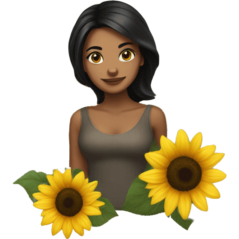 Beautiful lady with black hair and brown eyed , holding sunflower emoji