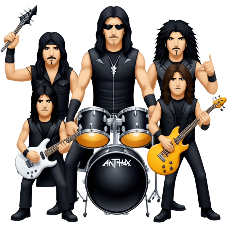 Icon for Heavy Metal: Anthrax live concert with Charlie Benante on drums, Joey Belladonna on vocals, Frank Bello on bass, Jonathan Donais and Scott Ian on guitars. The intense energy of the band is captured with instruments and stage lighting. Transparent background. emoji