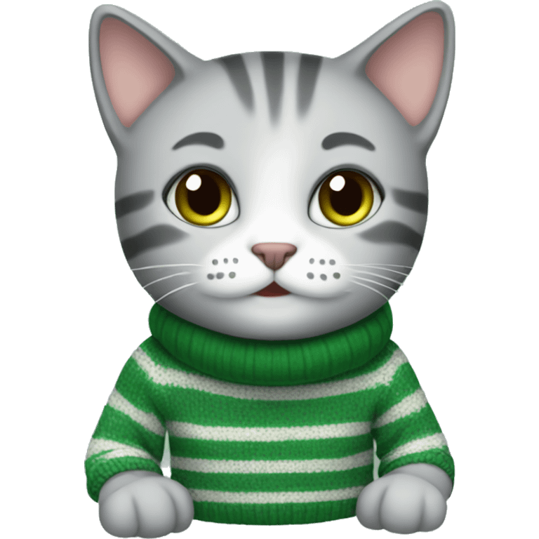 Cute gray cat wearing green stripe sweater emoji