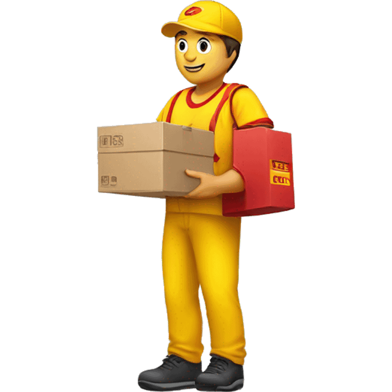 a delivery person with a yellow outfit with some red lines like the DHL logo. The delivery person carry somes carton boxes. emoji