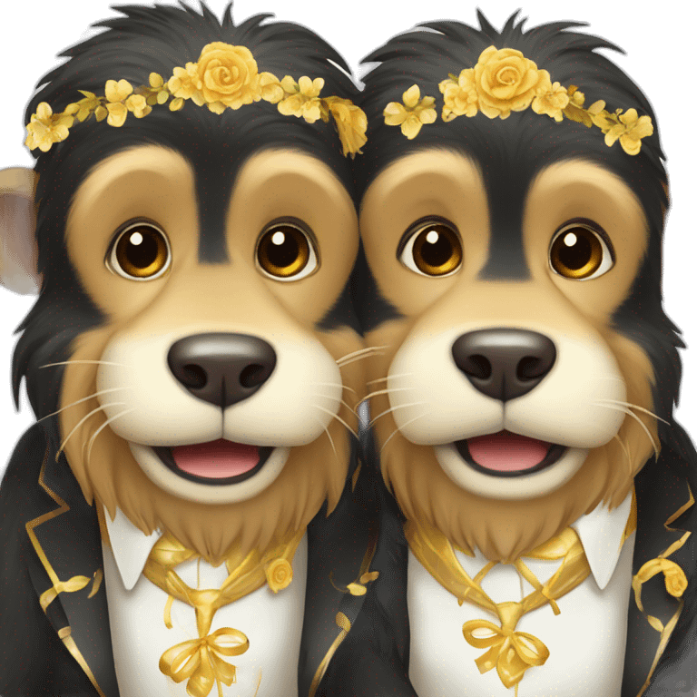 Two male monkeys celebrating their wedding accompained with their golden retriever. emoji