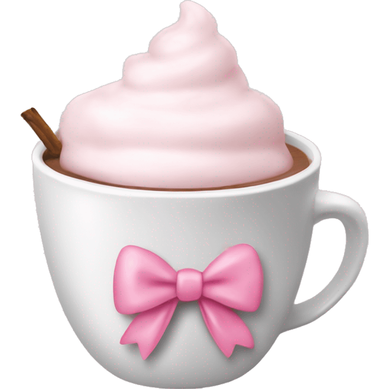 Hot coco in a white cup with a baby pink bow on the cup emoji