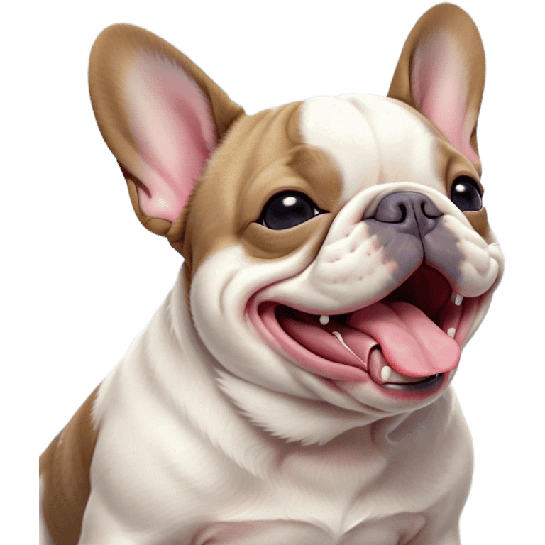 Cinematic Cute Yawning Pied French Bulldog Portrait Emoji, Head tilted with an exaggerated, endearing yawn and sleepy, squinty eyes, showcasing a unique pied fur of contrasting colors with a playful expression, simplified yet irresistibly adorable, highly detailed, glowing with a soft, cozy radiance, high shine, exuding a relaxed, humorous charm, styled with a gentle, soft glowing outline, capturing the essence of a Pied French Bulldog in a blissfully cute yawn that warms the heart! emoji