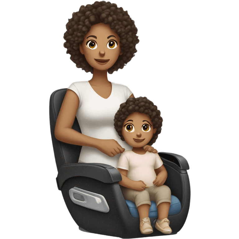 mom with light tan skin, shoulder length dark brown curly hair carrying 2 baby car seats  emoji