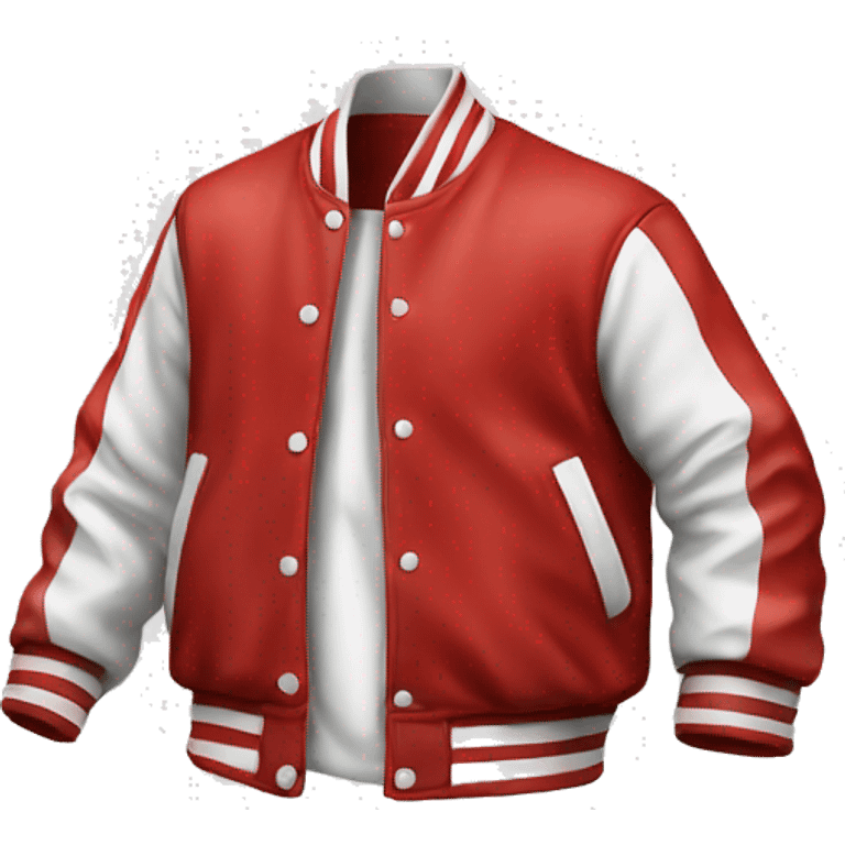 Red and white varsity jacket with a R emoji