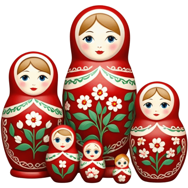 Russian nesting dolls (matryoshka) painting icon, several dolls of different sizes being hand-painted with traditional floral patterns, paintbrushes, small pots of paint, and carving tools nearby, visible process of decoration, minimalistic style, clean lines, transparent background. emoji