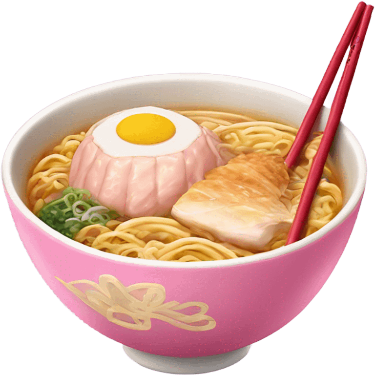 traditional ramen, pink and gold bowl, gold chopsticks and a chicken insiste emoji