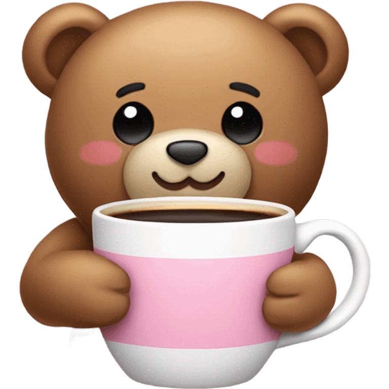 teddy bear holding mug of coffee a cute light pink bow on head emoji