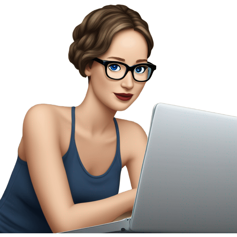 Realistic Photo of Brunette Jennifer Lawrence wearing black glasses and blue eyes talking on their laptop  emoji