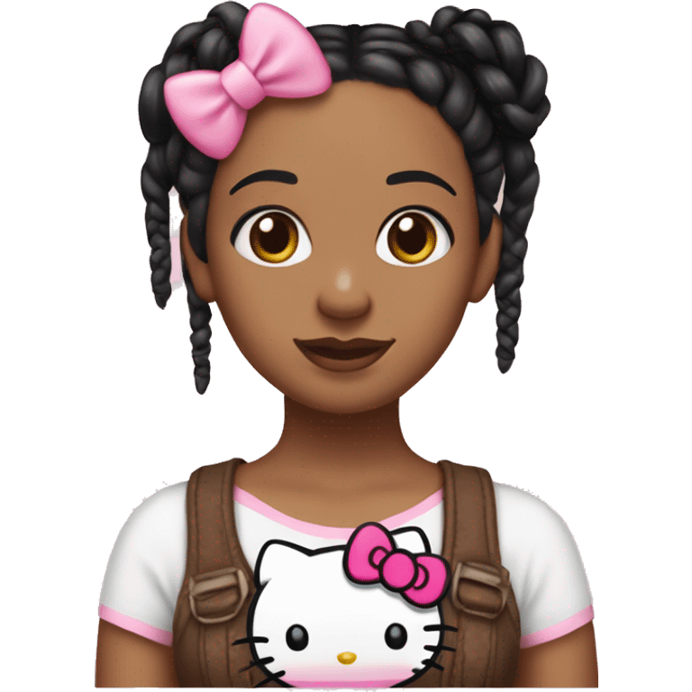 Brown woman with black braids, hazel eyes, has a pink bow on hair and wearing a hello kitty top emoji