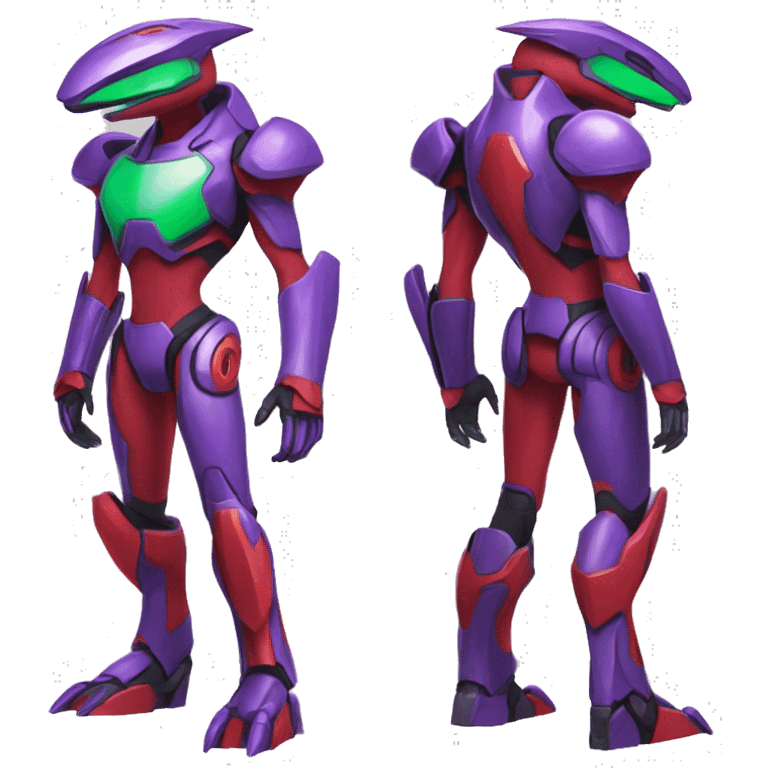 a purple-green-red Genesect-Raptor-Fakémon—hybrid with a futuristic visor-helmet full body emoji