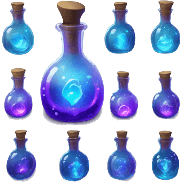 Design a small, round potion bottle with sparkling, glowing liquid inside, in shades of blue and purple, with a fantasy RPG vibe. emoji