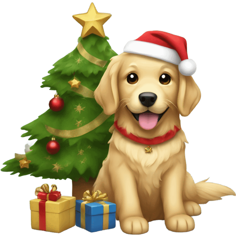 golden retriever dressed like santa under a christmas tree holding a gift emoji