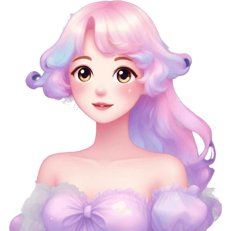 Gorgeous pastel anime style lady blushing nebula-gradient-sparkle face dreamy idol model colorful shiny stars galaxy kawaii cottagecore pearly petite simplistic aesthetic trending style emoji