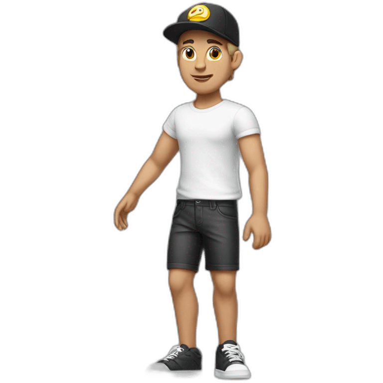 white man, cross earring, t-shirt, cap and short shorts, dancing emoji