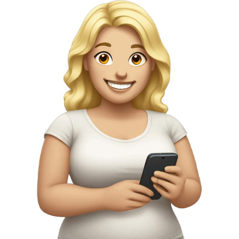 overweight blondie woman happy with a smartphone on hands emoji