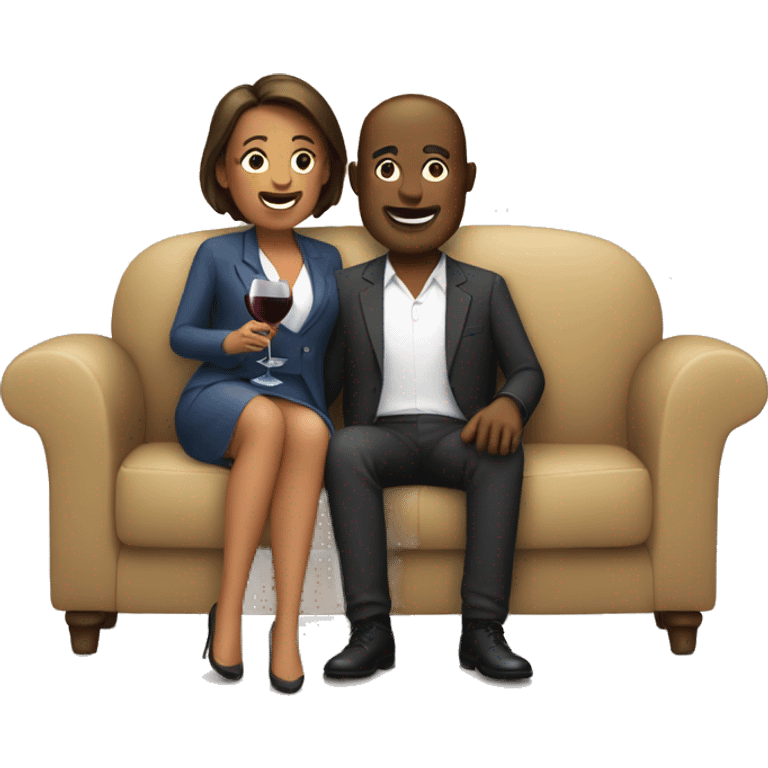 man and woman sitting on a couch drinking wine emoji