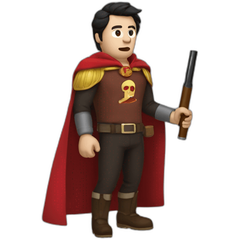 dark-haired man drunk with a cigar a big shotgun and a red cape emoji