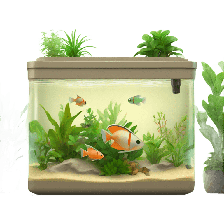 Rectangular fush tank, beige lid and wedges with plants and Tetraglow fish emoji