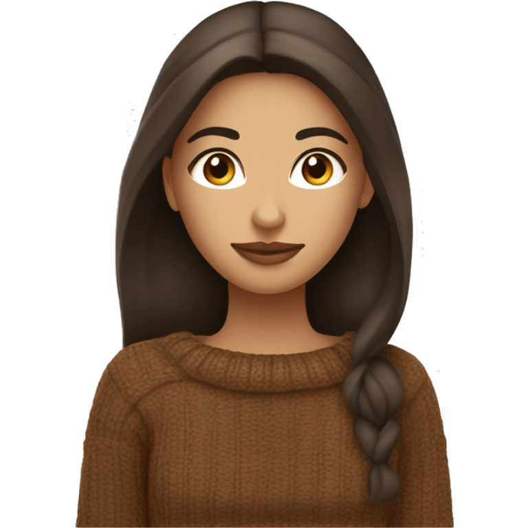 Wheatish complexion -skinned girl with long dark brown hair and cheeks, wide brown eyes and full lips, wearing a brown sweater and drinking hot coffee. emoji