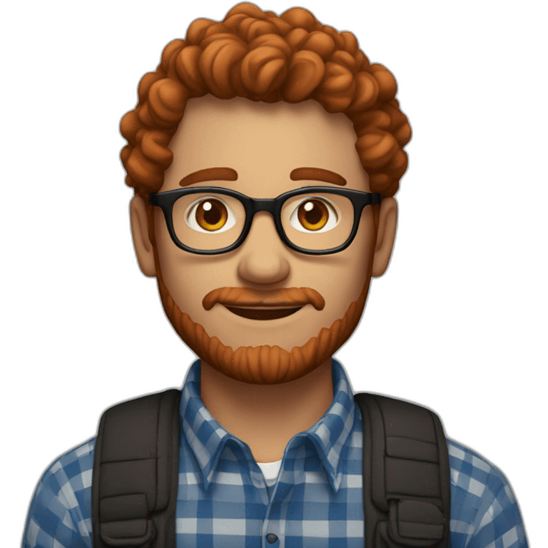 man,25 years,eyes blue, redhead,short curly hair,beard, round glasses, red and black checked shirt emoji