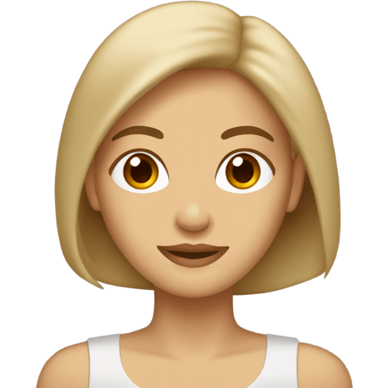 mujer pelo castaño claro, casi rubio, con ramera color beige, pero lacio y ojos cafe emoji