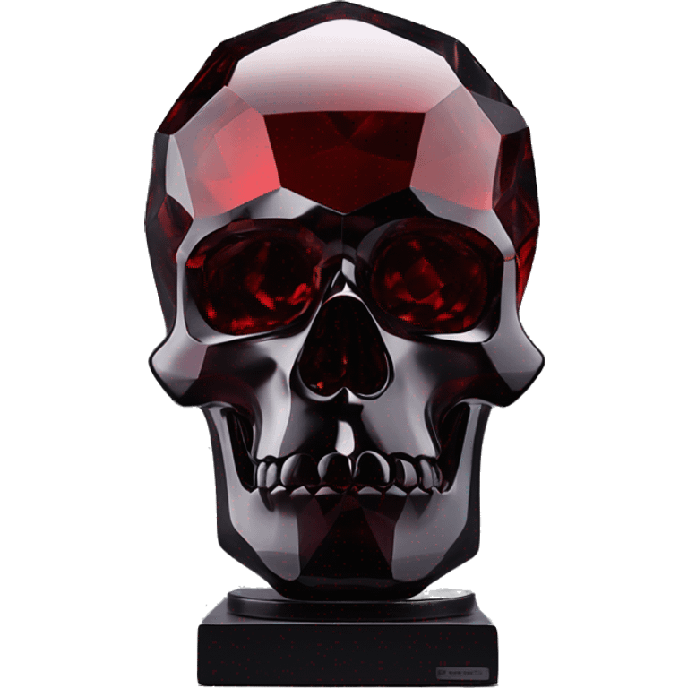 glass sculpture skyll with a geometric, faceted design. The skull is standing upright on a base with angular and baroque features. The vibrant dark shade and red highlights the sharp edges and planes emoji