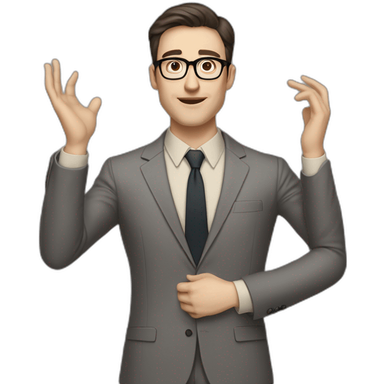 Full height Pale skinned Fit Man With dark brown hair in classic gray suit, beige office shirt, dark gray tie, and vintage glasses. Thrumbs of his palms directed up emoji