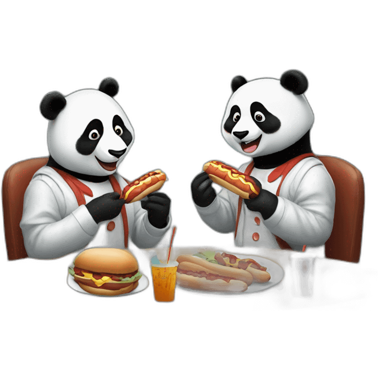 The assistant professor and a panda in clown makeup are sitting and eating hotdogs with shrimp emoji