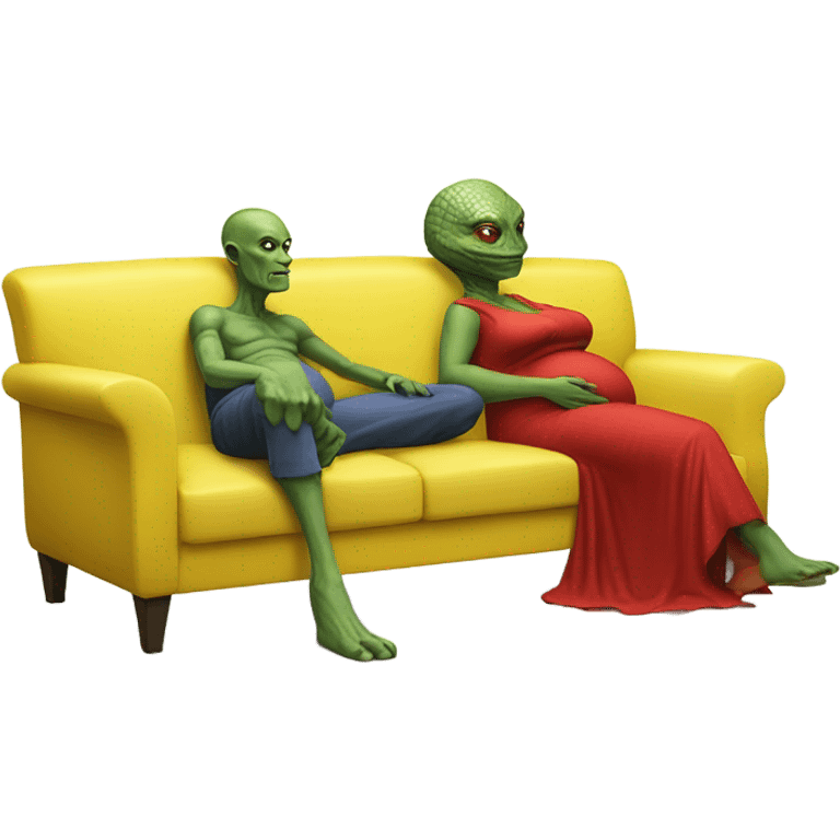 reptilian alien woman in red dress,pregnant, sitting on a jellow couch, and human man white skin emoji