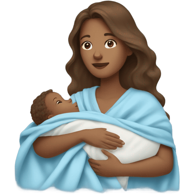 tan woman with long wavy brown hair holding newborn baby boy with light blue blanket  emoji