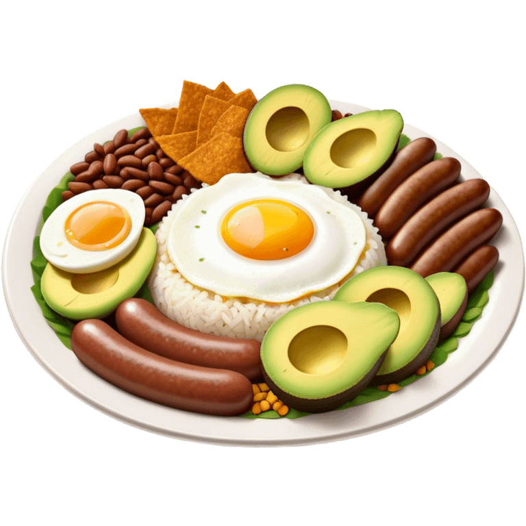 Bandeja Paisa Cinematic Realistic Bandeja Paisa Dish Emoji, depicted as a hearty platter featuring rice, beans, avocado slices, one sausage, a perfectly cooked egg, and crispy pork crackle, rendered with vivid textures and robust, inviting lighting. emoji