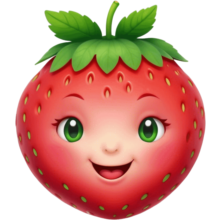 Cinematic plump happy strawberry, glossy bright red, tiny round eyes and blushing cheeks, green leafy top slightly tilted, cheerful and charming. emoji