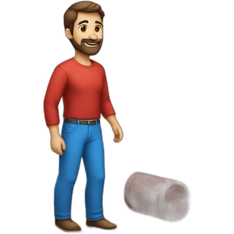 A man with a red shirt and blue pants and mesh shoes with a Persian carpet in his hand emoji