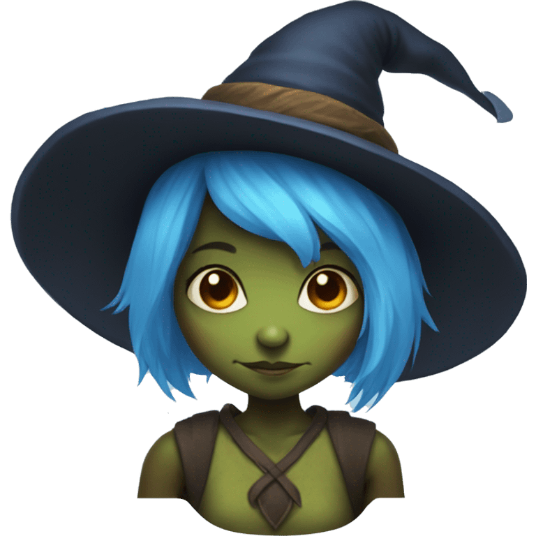 Goblin girl with blue hair and witch hat emoji