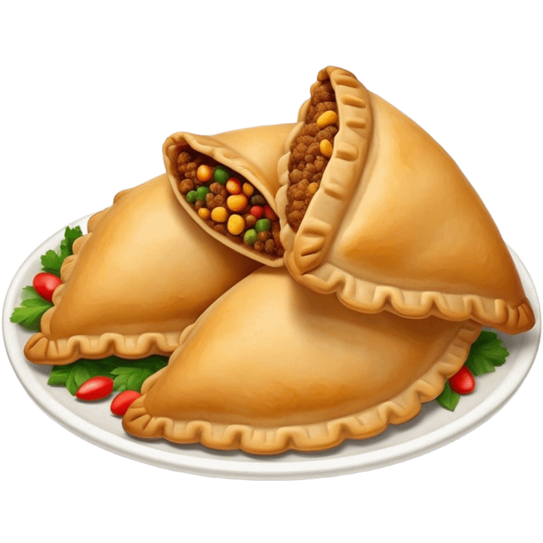 Cinematic Realistic Empanadas Dish Emoji, showcasing crispy fried turnovers filled with spiced meat and vegetables rendered with rich textures and dynamic, appetizing lighting. emoji