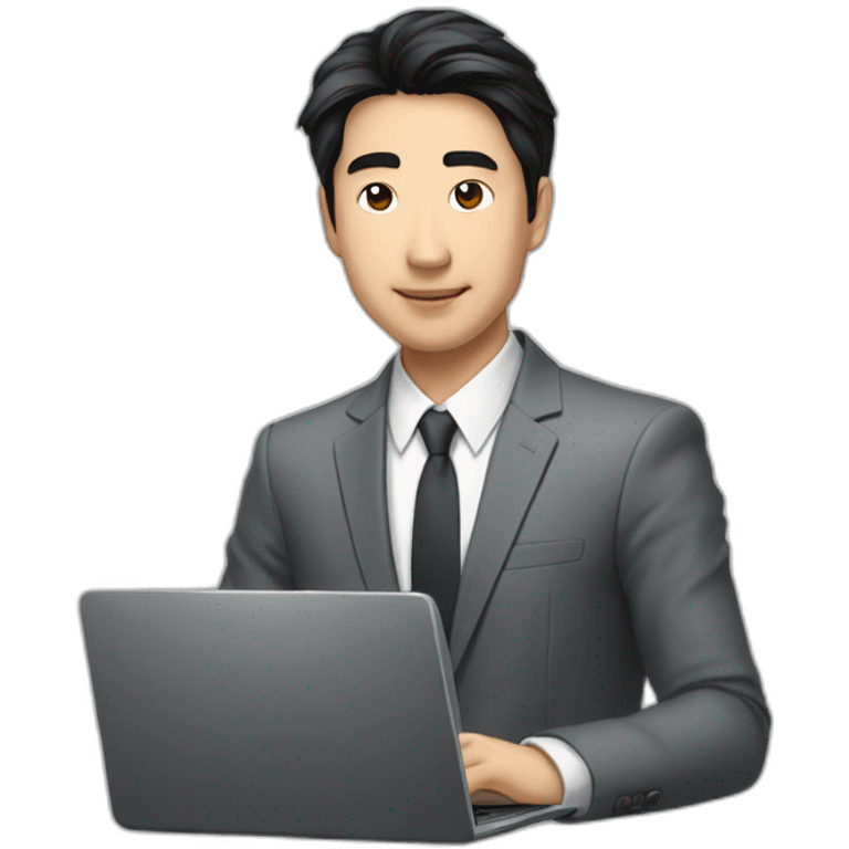 Male investment manager in professional clothes, black hair, asian, with a laptop in front of him, Half-length portrait  emoji