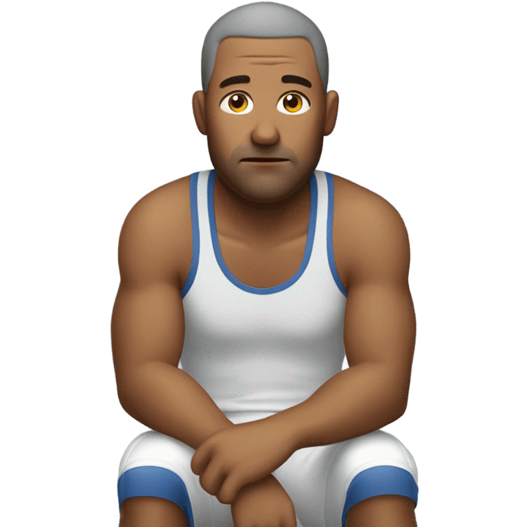 very tired man in sports clothes sits emoji