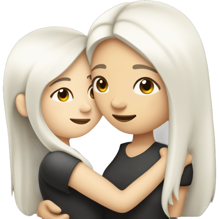 A lesbian couple that both have white skin and long black hair are hugging intimately, and romantically. emoji