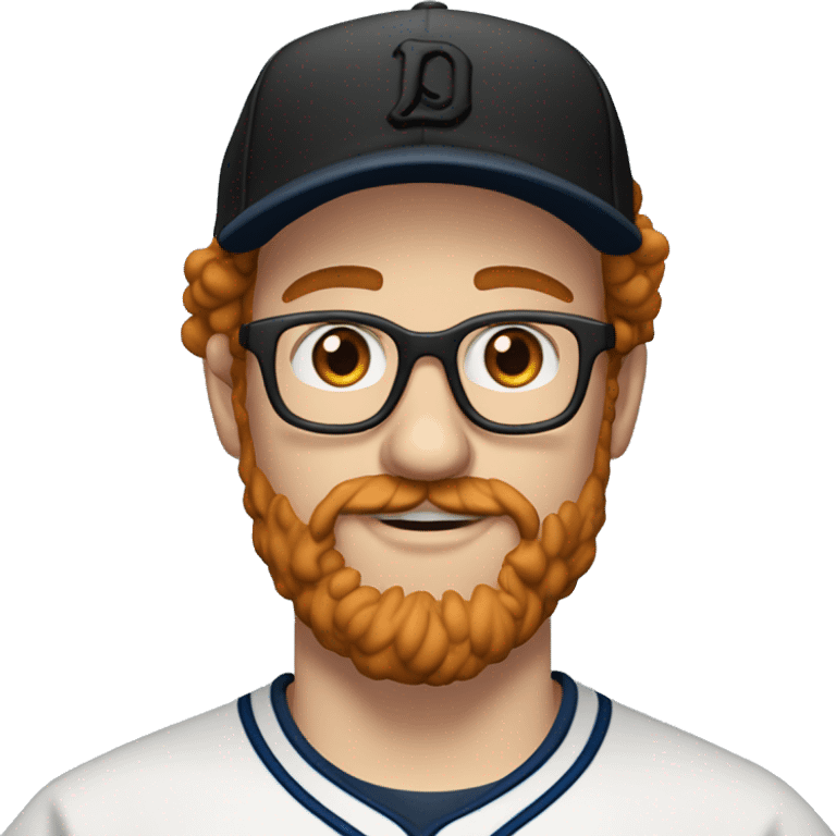 30 years old, male, short curly red hair, glasses, black baseball hat, blue eyes, pale complexion, thick beard and thin mustache emoji