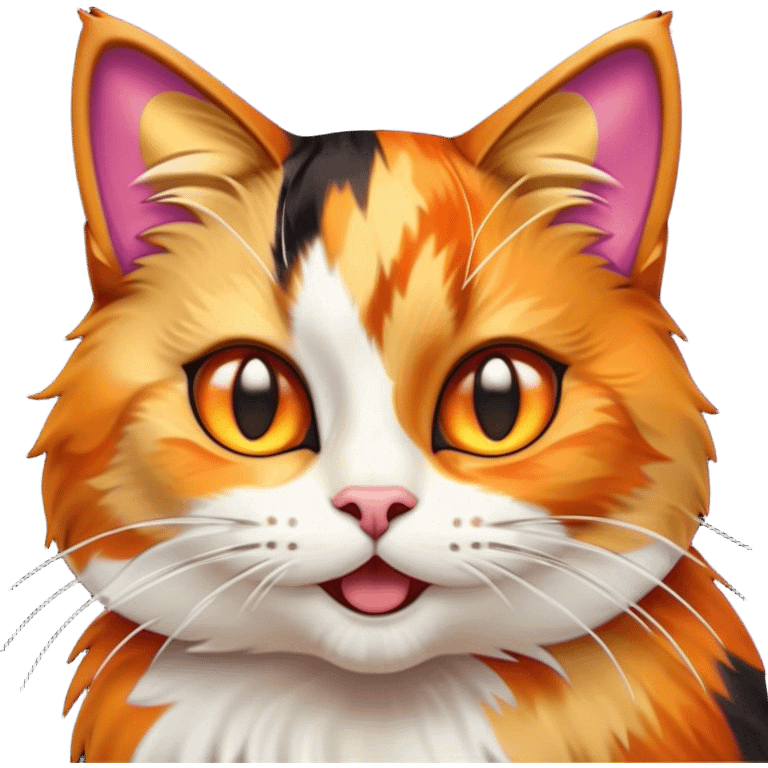 Cinematic Comical Calico Cat Portrait Emoji, Head tilted dramatically with an exaggeratedly surprised expression, showcasing a vibrant patchwork fur of orange, black, and white with wide, comically expressive eyes, simplified yet hilariously detailed, glowing with a sassy, golden radiance, high shine, exuding playful mischief and cheeky feline attitude, styled with a soft glowing outline, capturing the essence of a calico cat that looks ready to leap off the screen with mischievous flair! emoji